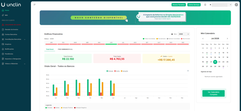 HUB Unclin para acompanhar documentos, solicitações e informações da sua empresa.