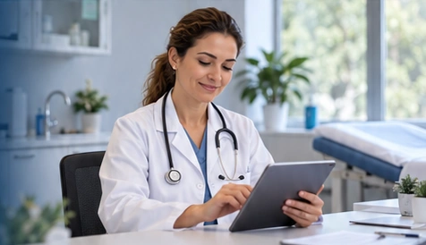 Médica consultando informações em um tablet no consultório