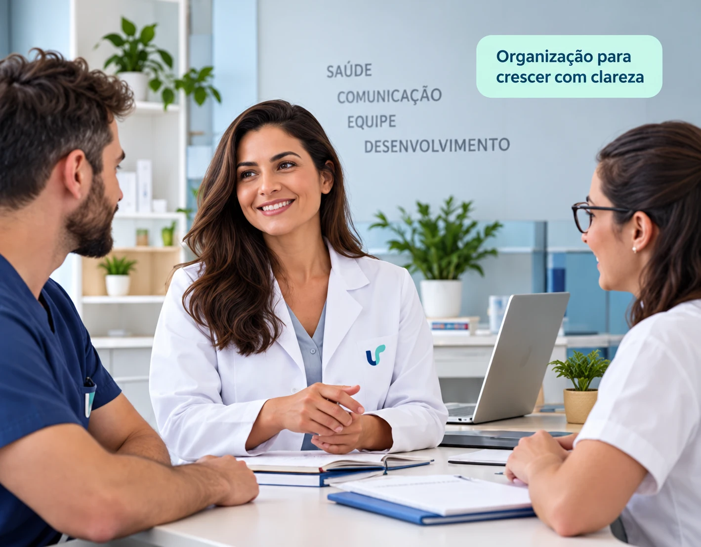 Fonoaudióloga em reunião com uma equipe de profissionais da saúde