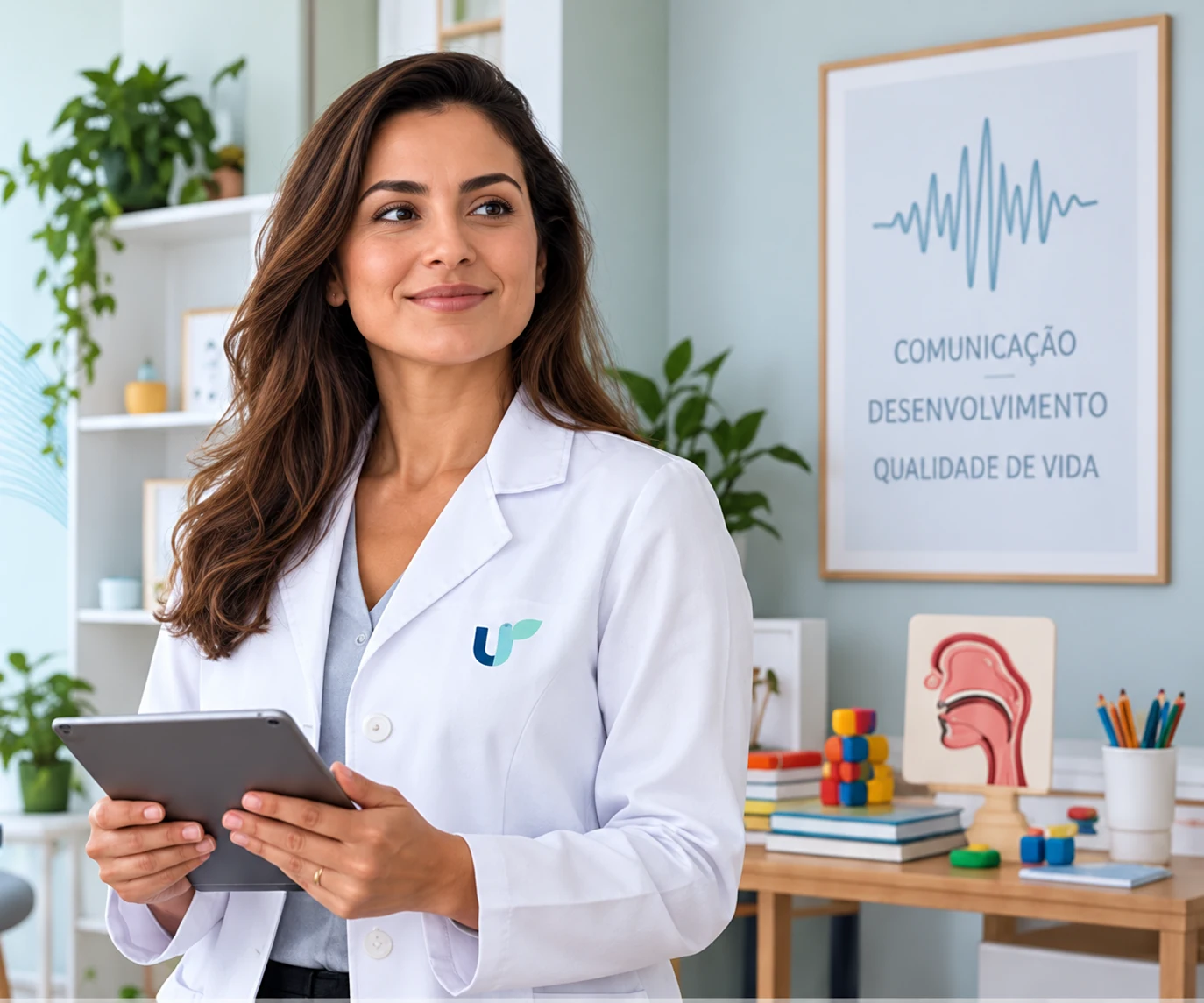 Profissional de Fonoaudiologia com tablet no consultório